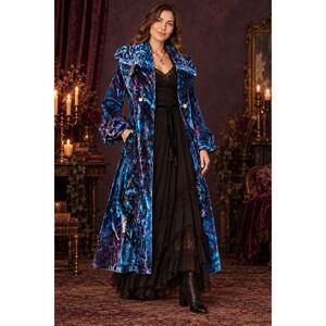 Whimsigoth Dark Fairy Witchy Long Duster Ania.A Silk Velvet Coat Blue Purple
